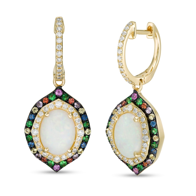 Main Image 1 of EFFY™ Collection Oval Opal, Multi-Gemstone and 1/3 CT. T.W. Diamond Double Frame Drop Earrings in 14K Gold