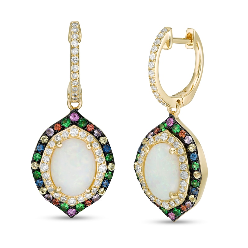 EFFY™ Collection Oval Opal, Multi-Gemstone and 1/3 CT. T.W. Diamond Double Frame Drop Earrings in 14K Gold