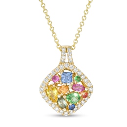 EFFY™ Collection Multi-Gemstone Cluster and 1/4 CT. T.W. Diamond Cushion Frame Pendant in 14K Gold