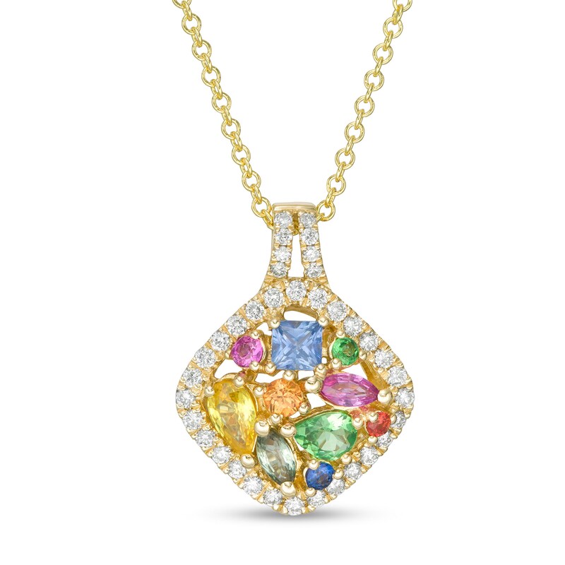Main Image 1 of EFFY™ Collection Multi-Gemstone Cluster and 1/4 CT. T.W. Diamond Cushion Frame Pendant in 14K Gold