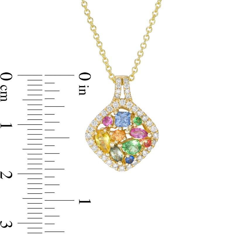 Main Image 2 of EFFY™ Collection Multi-Gemstone Cluster and 1/4 CT. T.W. Diamond Cushion Frame Pendant in 14K Gold