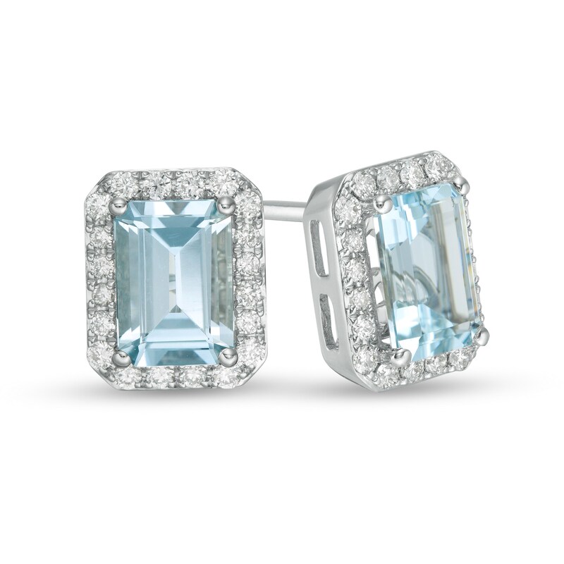 Main Image 1 of EFFY™ Collection Emerald-Cut Aquamarine and 1/4 CT. T.W. Diamond Frame Stud Earrings in 14K White Gold