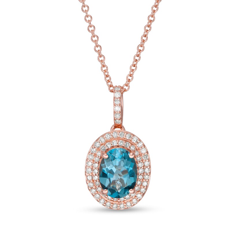 Main Image 1 of EFFY™ Collection Oval London Blue Topaz and 1/5 CT. T.W. Diamond Double Frame Drop Pendant in 14K Rose Gold