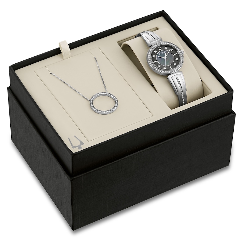 Main Image 1 of Ladies' Bulova Crystal Accent Bangle Watch with Black Mother-of-Pearl Dial and Circle Necklace Box Set (Model: 96X152)