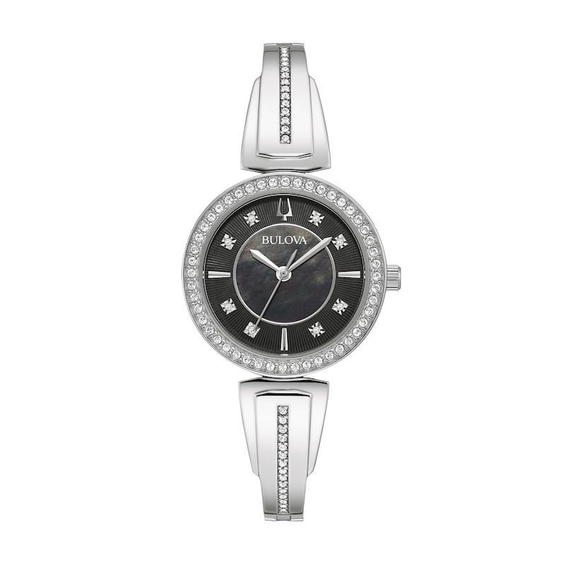 Ladies' Bulova Crystal Accent Bangle Watch with Black Mother-of-Pearl Dial and Circle Necklace Box Set (Model: 96X152)