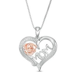 Diamond Accent Solitaire &quot;MOM&quot; and Rose in Heart Pendant in Sterling Silver and 10K Rose Gold