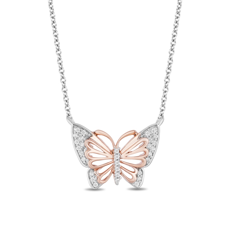 Main Image 1 of Enchanted Disney Mulan 1/10 CT. T.W. Diamond Butterfly Necklace in Sterling Silver and 10K Rose Gold