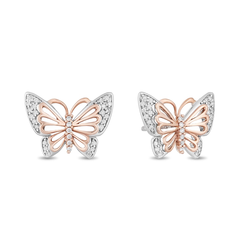 Main Image 1 of Enchanted Disney Mulan 1/10 CT. T.W. Diamond Butterfly Stud Earrings in Sterling Silver and 10K Rose Gold