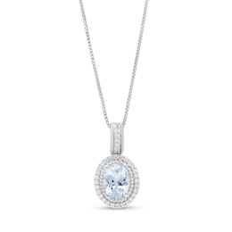 Oval Aquamarine and Lab-Created White Sapphire Rope Double Frame Drop Pendant in Sterling Silver