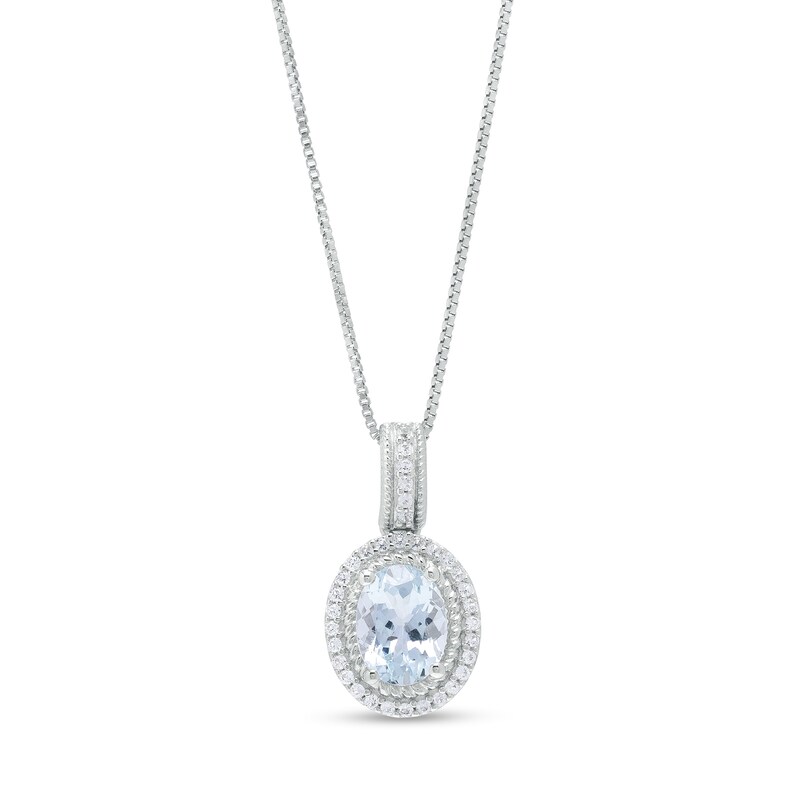 Main Image 1 of Oval Aquamarine and Lab-Created White Sapphire Rope Double Frame Drop Pendant in Sterling Silver