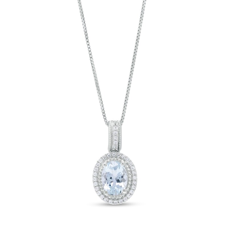 Oval Aquamarine and Lab-Created White Sapphire Rope Double Frame Drop Pendant in Sterling Silver