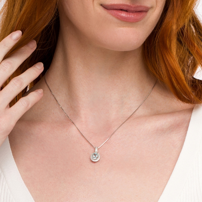 Main Image 2 of Oval Aquamarine and Lab-Created White Sapphire Rope Double Frame Drop Pendant in Sterling Silver
