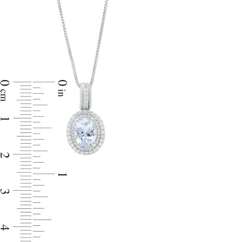 Oval Aquamarine and Lab-Created White Sapphire Rope Double Frame Drop Pendant in Sterling Silver