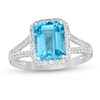 Thumbnail Image 1 of Emerald-Cut Swiss Blue Topaz and White Lab-Created Sapphire Octagonal Frame Split Shank Ring in Sterling Silver