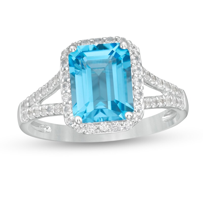 Main Image 1 of Emerald-Cut Swiss Blue Topaz and White Lab-Created Sapphire Octagonal Frame Split Shank Ring in Sterling Silver