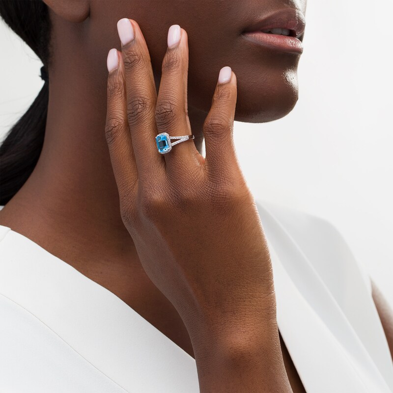 Main Image 2 of Emerald-Cut Swiss Blue Topaz and White Lab-Created Sapphire Octagonal Frame Split Shank Ring in Sterling Silver