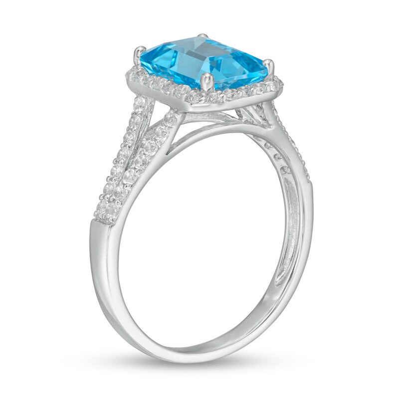 Main Image 3 of Emerald-Cut Swiss Blue Topaz and White Lab-Created Sapphire Octagonal Frame Split Shank Ring in Sterling Silver