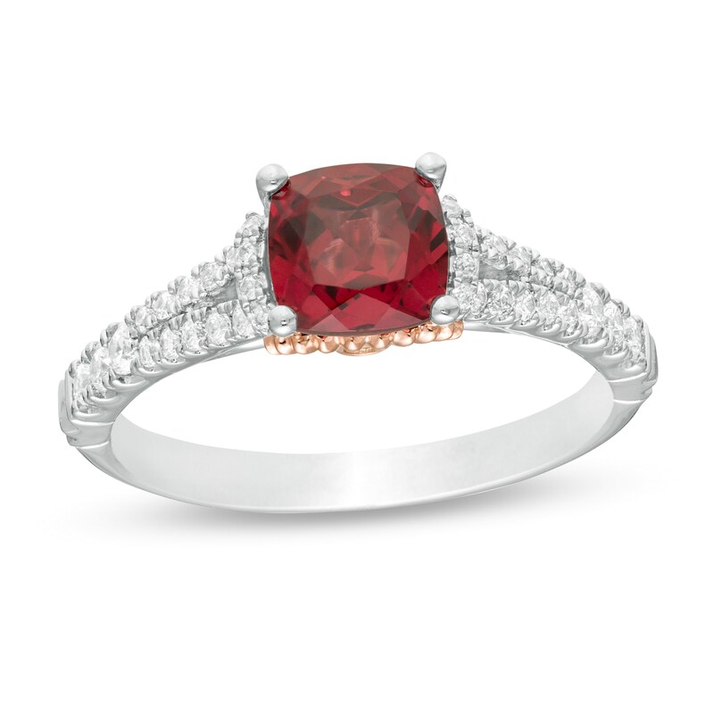 Main Image 1 of Enchanted Disney Mulan 6.0mm Cushion-Cut Rhodolite Garnet and 1/4 CT. T.W. Diamond Engagement Ring in 14K Two-Tone Gold