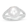 Thumbnail Image 1 of Button Freshwater Cultured Pearl and White Lab-Created Sapphire Frame Split Shank Ring in Sterling Silver