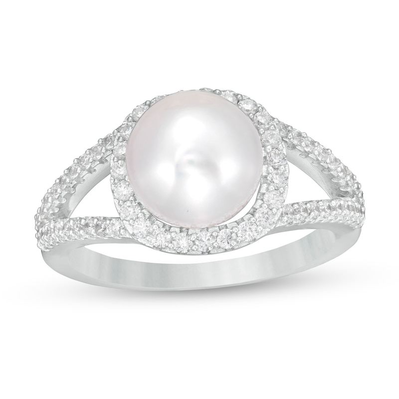 Main Image 1 of Button Freshwater Cultured Pearl and White Lab-Created Sapphire Frame Split Shank Ring in Sterling Silver