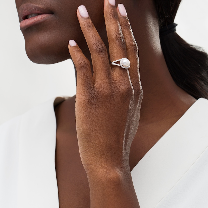 Main Image 2 of Button Freshwater Cultured Pearl and White Lab-Created Sapphire Frame Split Shank Ring in Sterling Silver
