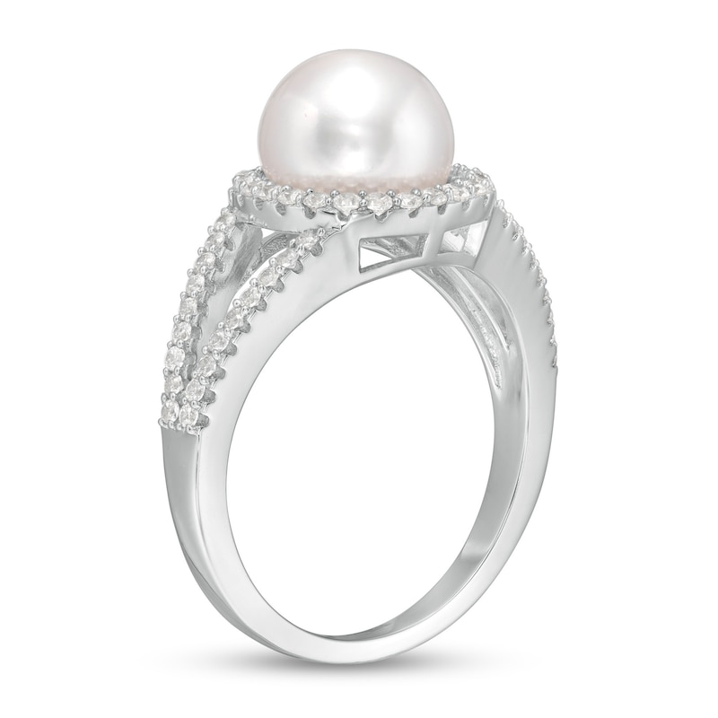 Main Image 3 of Button Freshwater Cultured Pearl and White Lab-Created Sapphire Frame Split Shank Ring in Sterling Silver