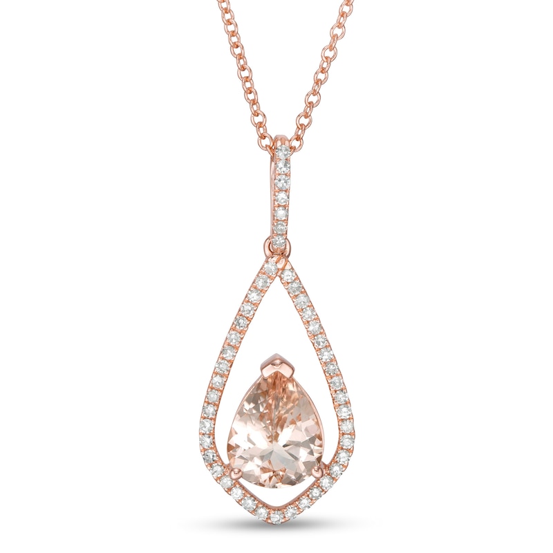 Main Image 1 of EFFY™ Collection Pear-Shaped Morganite and 1/5 CT. T.W. Diamond Open Frame Teardrop Pendant in 14K Rose Gold