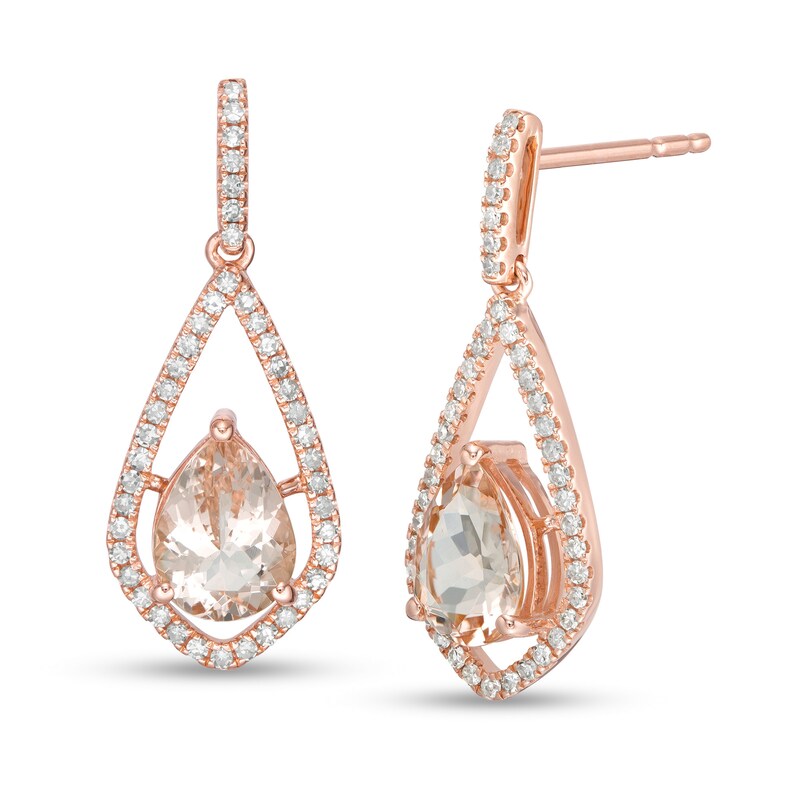 Main Image 1 of EFFY™ Collection Pear-Shaped Morganite and 1/3 CT. T.W. Diamond Open Frame Teardrop Earrings in 14K Rose Gold