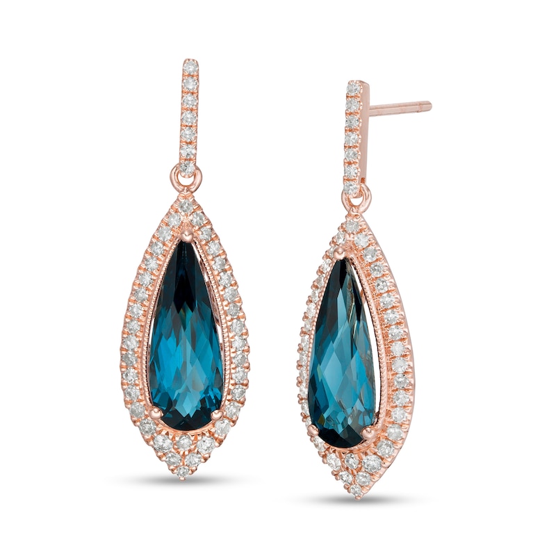 Main Image 1 of EFFY™ Collection Elongated Pear-Shaped London Blue Topaz and 3/8 CT. T.W. Diamond Teardrop Earrings in 14K Rose Gold