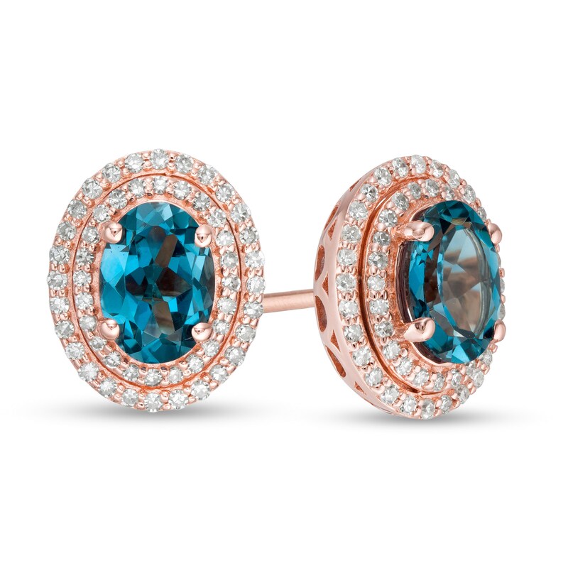 EFFY™ Collection Oval London Blue Topaz and 1/3 CT. T.W. Diamond Double Frame Stud Earrings in 14K Rose Gold
