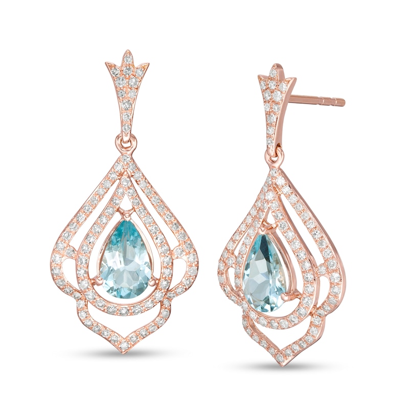 Main Image 1 of EFFY™ Collection Pear-Shaped Aquamarine and 1/2 CT. T.W. Diamond Drop Earrings in 14K Rose Gold