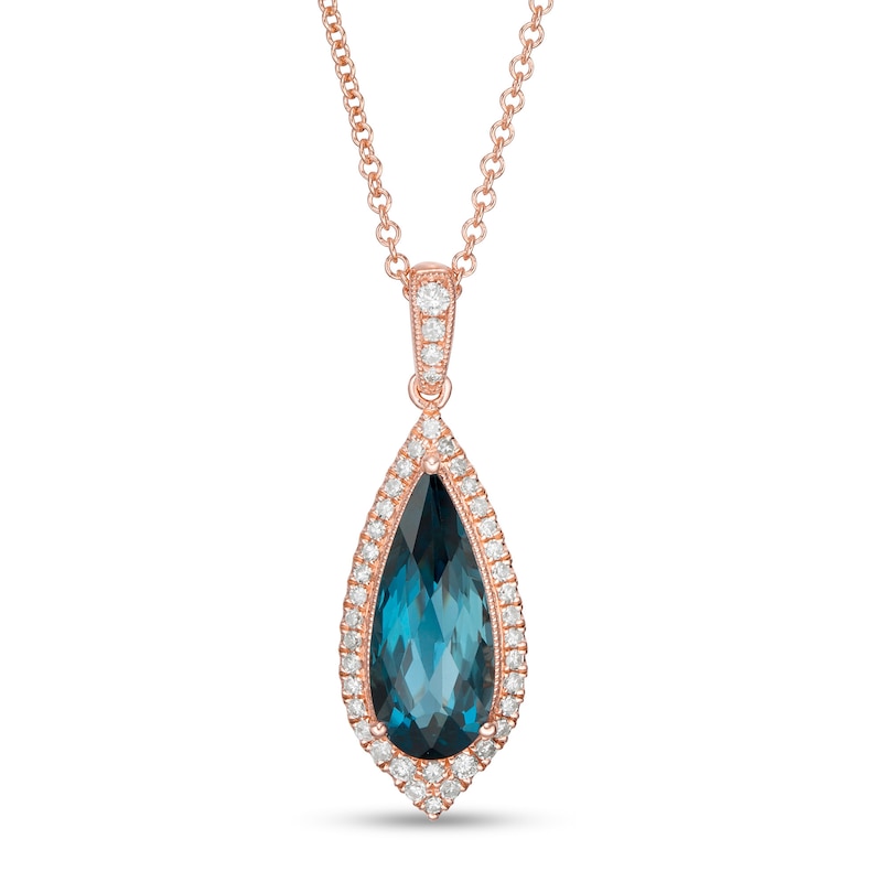 Main Image 1 of EFFY™ Collection Elongated Pear-Shaped London Blue Topaz and 1/5 CT. T.W. Diamond Teardrop Pendant in 14K Rose Gold