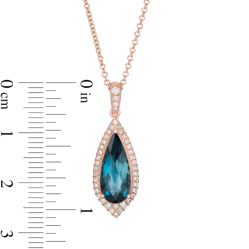 Main Image 2 of EFFY™ Collection Elongated Pear-Shaped London Blue Topaz and 1/5 CT. T.W. Diamond Teardrop Pendant in 14K Rose Gold