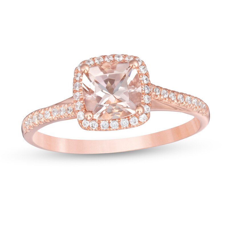 Main Image 1 of 6.0mm Cushion-Cut Morganite and 1/8 CT. T.W. Diamond Frame Bypass Layered Shank Ring in 10K Rose Gold