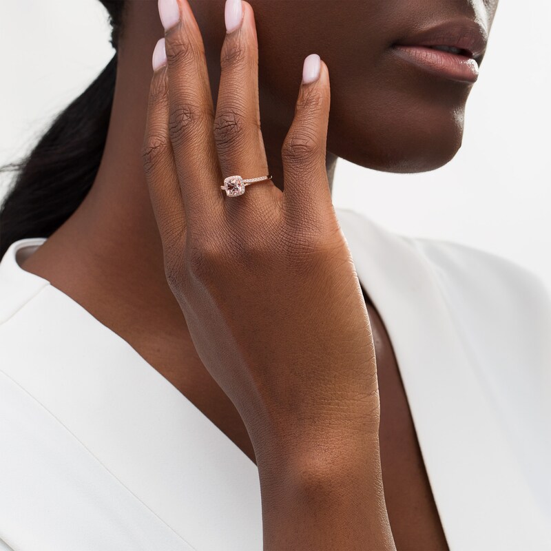 Main Image 2 of 6.0mm Cushion-Cut Morganite and 1/8 CT. T.W. Diamond Frame Bypass Layered Shank Ring in 10K Rose Gold