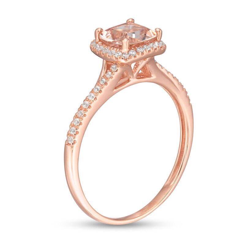 Main Image 3 of 6.0mm Cushion-Cut Morganite and 1/8 CT. T.W. Diamond Frame Bypass Layered Shank Ring in 10K Rose Gold