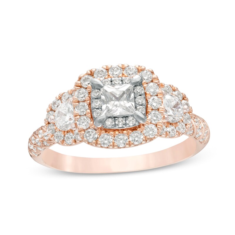Main Image 1 of 1-1/4 CT. T.W. Princess-Cut Diamond Frame Past Present Future® Engagement Ring in 14K Rose Gold