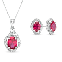 Oval Lab-Created Ruby and White Sapphire Frame Love Knot Drop Pendant and Stud Earrings Set in Sterling Silver
