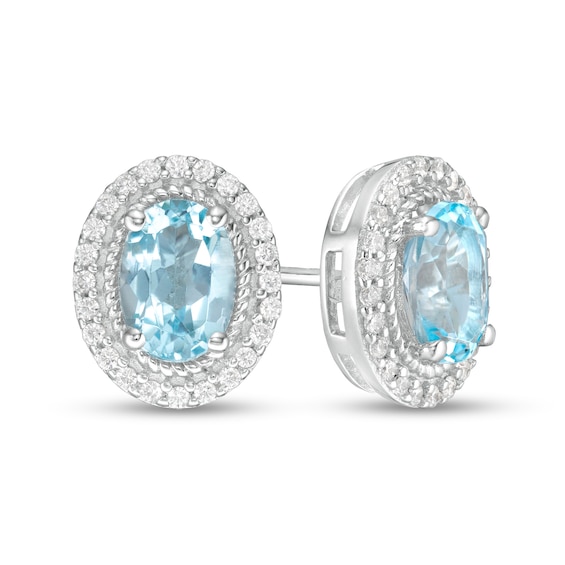 Oval Aquamarine and Lab-Created White Sapphire Rope Double Frame Stud Earrings in Sterling Silver Oval Aquamarine and Lab-Created White Sapphire Rope Double Frame Stud Earrings in Sterling Silver