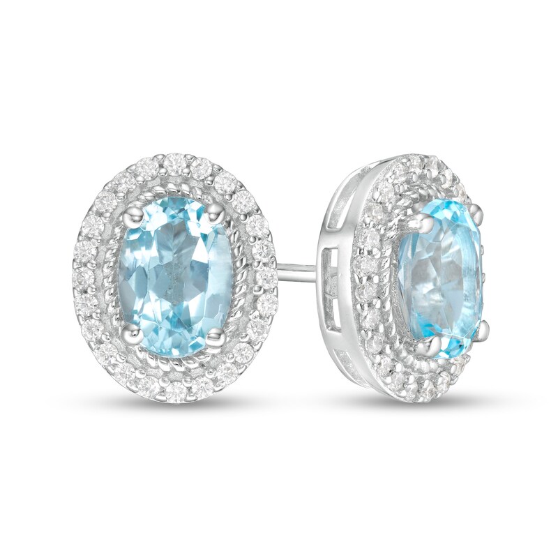 Main Image 1 of Oval Aquamarine and White Lab-Created Sapphire Rope Double Frame Stud Earrings in Sterling Silver