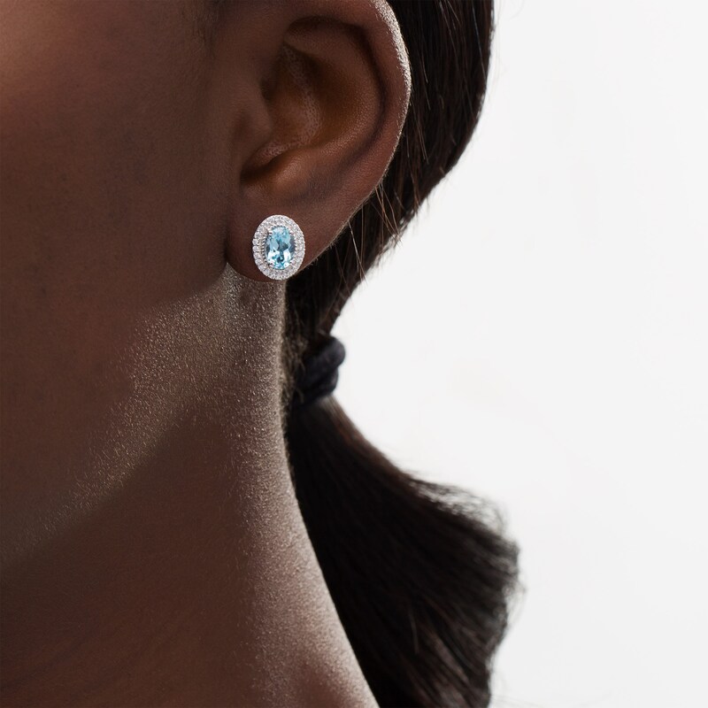 Oval Aquamarine and White Lab-Created Sapphire Rope Double Frame Stud Earrings in Sterling Silver