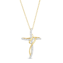 1/10 CT. T.W. Diamond Swirl Ribbon Cross Pendant in 10K Gold
