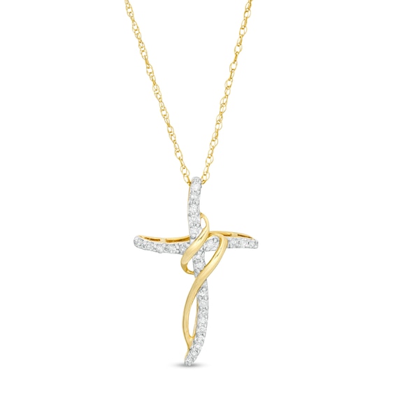 1/10 CT. T.W. Diamond Swirl Ribbon Cross Pendant in 10K Gold Zales Outlet