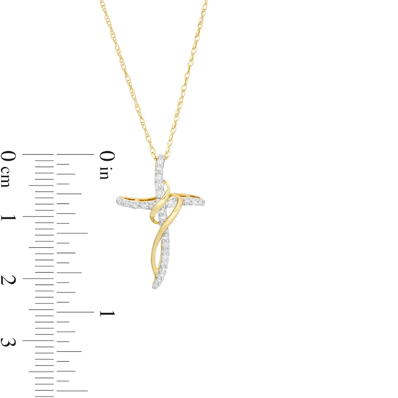 Main Image 2 of 1/10 CT. T.W. Diamond Swirl Ribbon Cross Pendant in 10K Gold