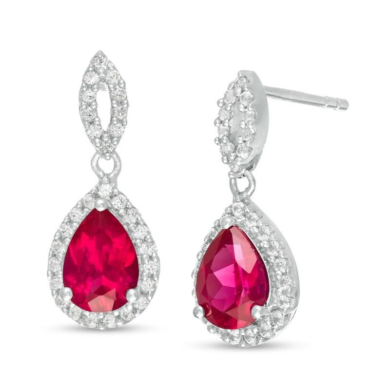 Main Image 1 of Pear-Shaped Lab-Created Ruby and White Sapphire Frame Teardrop Earrings in Sterling Silver