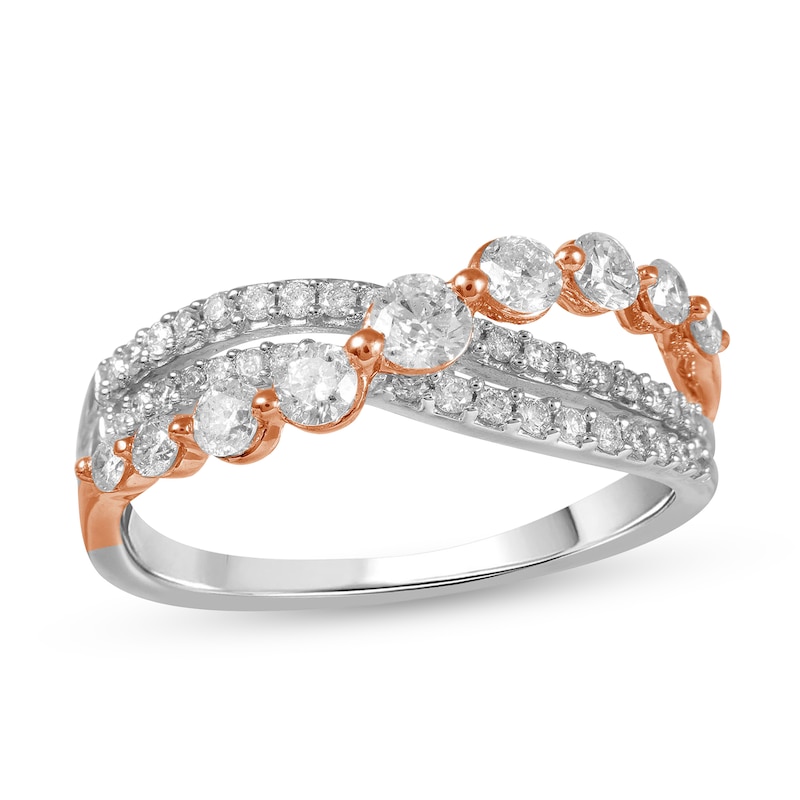 Main Image 1 of 3/4 CT. T.W. Diamond Wave Triple Row Crossover Ring in 10K Two-Tone Gold