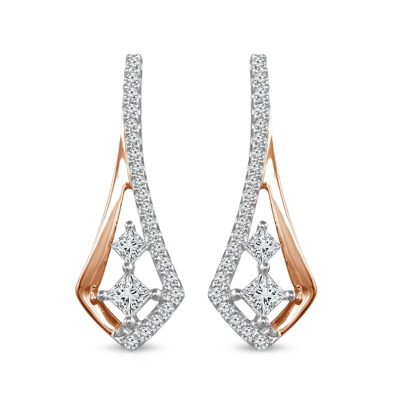 Main Image 1 of 1/2 CT. T.W. Princess-Cut and Round Diamond Elongated Pointed Drop Earrings in 10K Two-Tone Gold