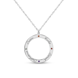 Mother's Simulated Birthstone and Engravable Cursive Name Open Circle Family Pendant (1-4 Lines and Stones)