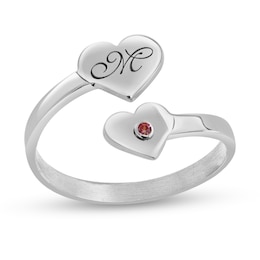 Simulated Birthstone Engravable Initial Double Heart Bypass Ring (1 Stone and Initial)