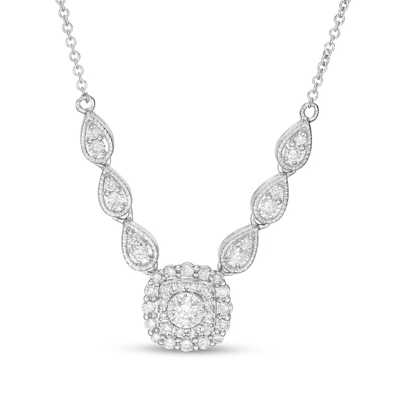 3/8 CT. T.W. Diamond Scalloped Cushion Frame Necklace in 10K White Gold